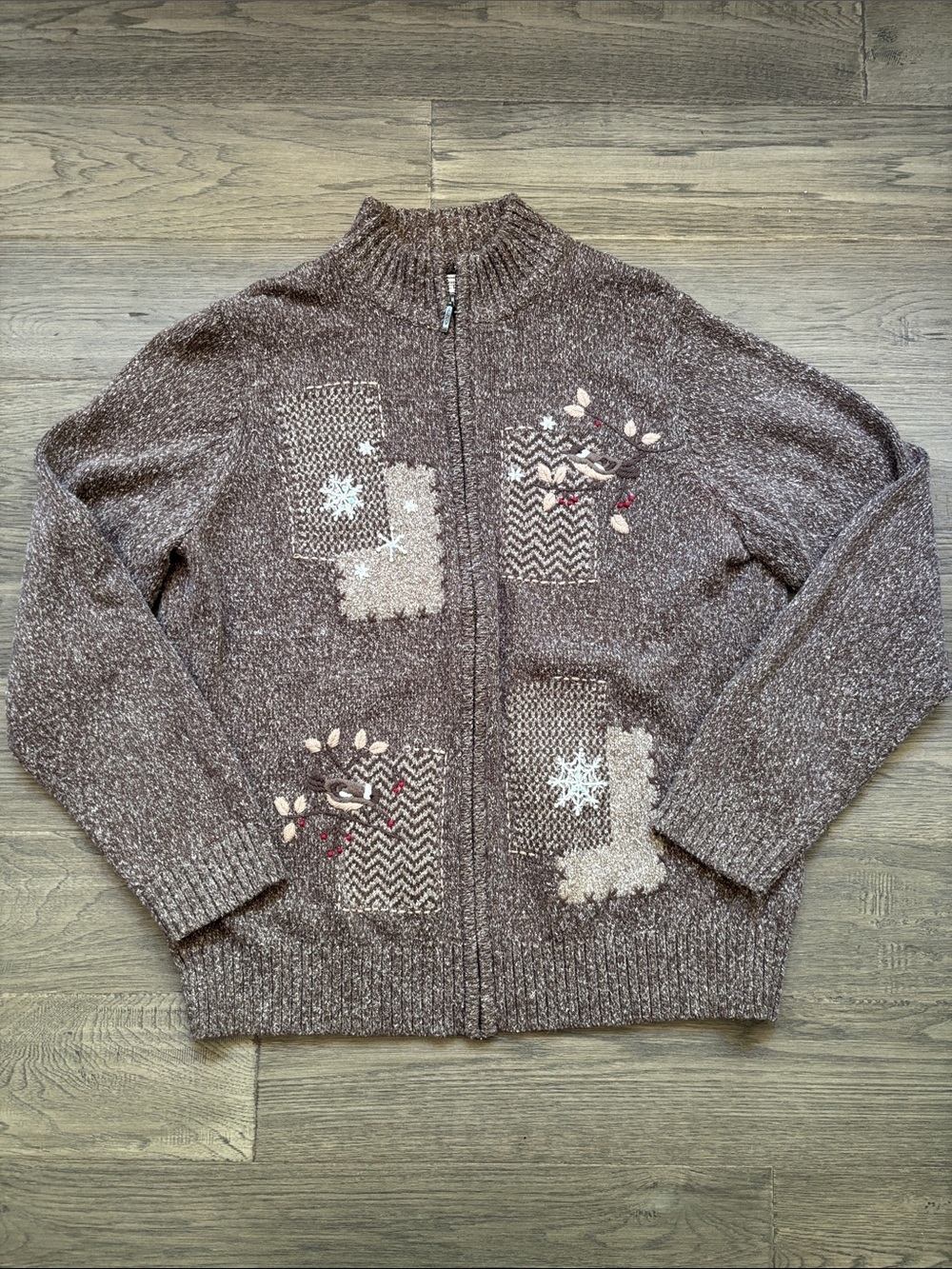 Northern Reflections Brown Patchwork Zip Cardigan Embroidered Accents Bird Large